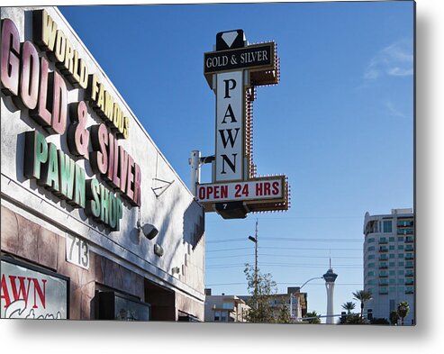 Sign Metal Print featuring the photograph Gold and Silver Pawn Shop sign, Las Vegas by Tatiana Travelways