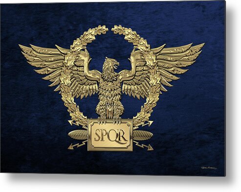 ‘treasures Of Rome’ Collection By Serge Averbukh Metal Print featuring the digital art Gold Roman Imperial Eagle - S P Q R Special Edition over Blue Velvet by Serge Averbukh