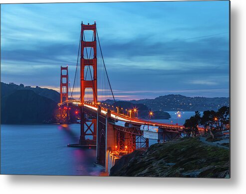Shoreline Metal Print featuring the photograph Golden Gate At Nightfall by Jonathan Nguyen