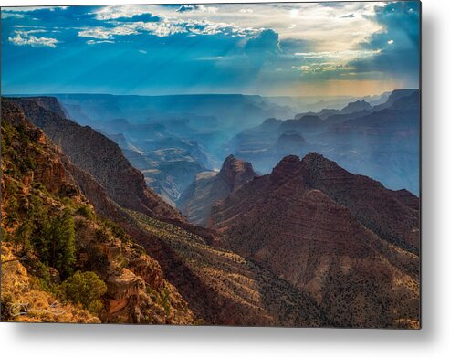 Grand Canyon Foggy Fog Arizona Geology Fstop101 Landscape Blue Hue Mist Misty Metal Print featuring the photograph Grand Canyon Foggy Evening by Geno Lee