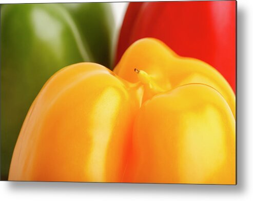 Agriculture Metal Print featuring the photograph Green Red and Yellow Bell Peppers Closeup by Todd Bannor