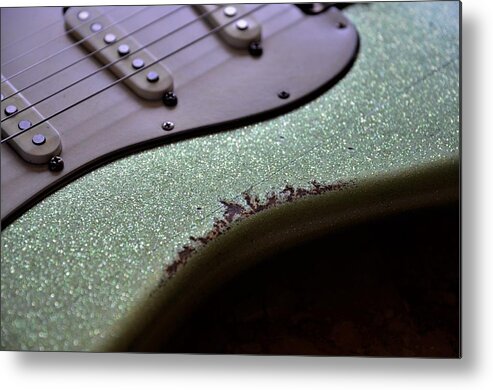 Fender Metal Print featuring the photograph Green Sparkle Aged Relic Guitar in Sunlight by Guitarwacky Fine Art