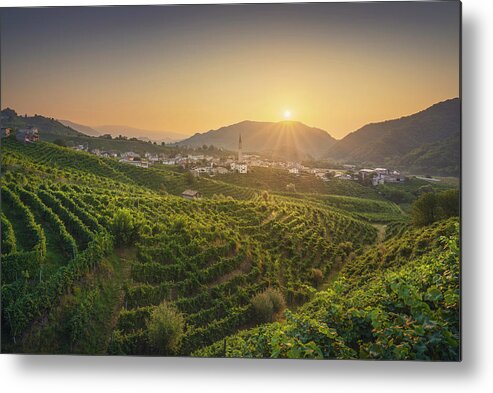 Prosecco Metal Print featuring the photograph Guia at dawn and vineyards. Prosecco Hills by Stefano Orazzini