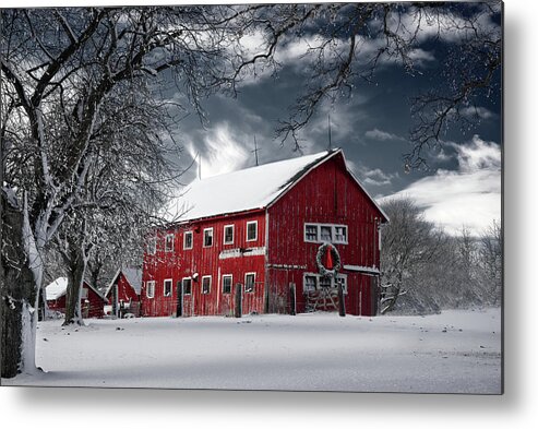 Barn Metal Print featuring the photograph Gussied Up - old red barn with Christmas wreath in snowy Wisconsin setting by Peter Herman