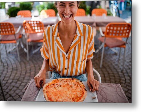 Sweater Metal Print featuring the photograph Happy woman eating pizza. by MStudioImages