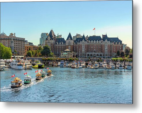 Canada Day Metal Print featuring the photograph Harbour Ferry Boats and Empress Hotel by Lindsay Thomson