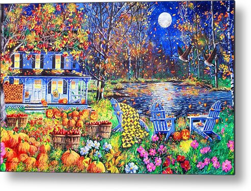 Harvest Moon Featuring A Full Moon On A Halloween Evening Metal Print featuring the painting Harvest Moon by Diane Phalen