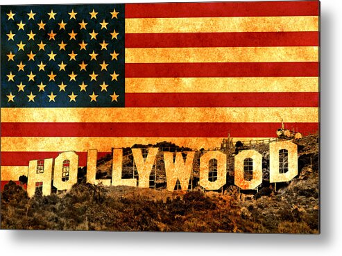 Hollywood Metal Print featuring the digital art Hollywood sign blended with the American flag and printed on old paper texture by Nicko Prints