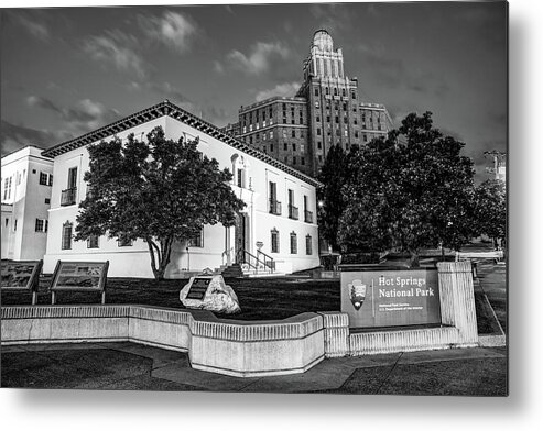 Hot Springs Metal Print featuring the photograph Hot Springs National Park and Army-Navy Hospital Along Bathhouse Row - Black and White by Gregory Ballos