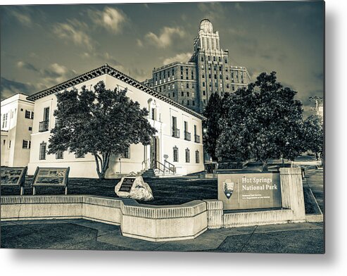 Hot Springs Metal Print featuring the photograph Hot Springs National Park and Army-Navy Hospital Along Bathhouse Row - Sepia by Gregory Ballos