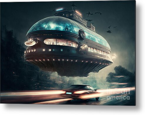 Hovering Ufo Metal Print featuring the mixed media Hovering UFO VIII by Jay Schankman