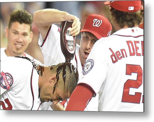 People Metal Print featuring the photograph Ian Desmond, Max Scherzer, and Bryce Harper by Mitchell Layton