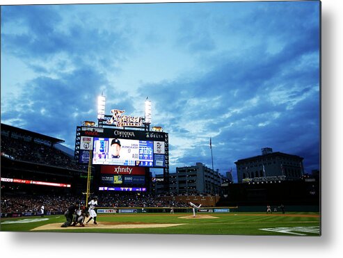 American League Baseball Metal Print featuring the photograph Ian Kinsler and Andrew Miller by Gregory Shamus
