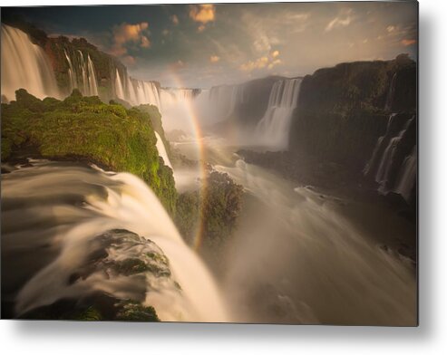 Scenics Metal Print featuring the photograph Iguazu falls waterfalls at sunset. by Alex Saberi