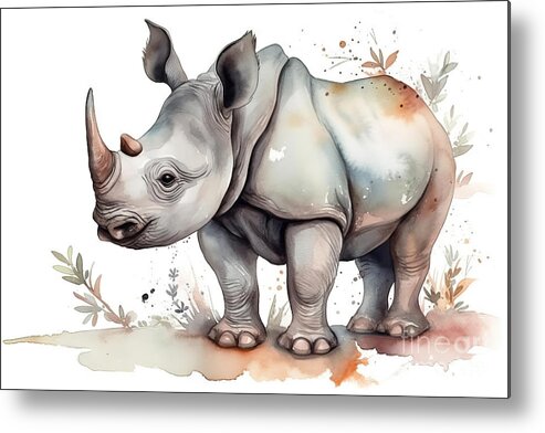 Cute Metal Print featuring the painting Illustration of watercolor cute baby rhinoceros, by N Akkash