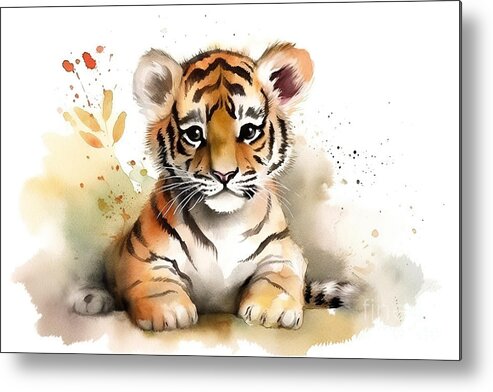 Cute Metal Print featuring the painting Illustration of watercolor cute baby tiger, by N Akkash
