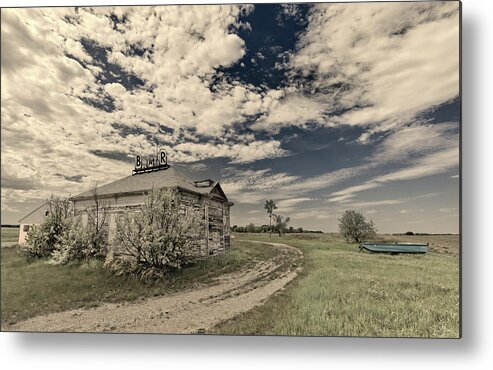 Oriska Metal Print featuring the photograph I'm Boating to the Bar for a Drink - abandoned schoolhouse turned bar near Oriska ND by Peter Herman