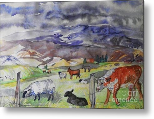 Plein Air Watercolor Completed Before Development Of Chatfield Corners . Shows Mixed Domestic Grazers In Field With Castle Peak In The Background With Snow Clouds. Colors Shown Are 20% Brighter Than Original  Metal Print featuring the painting January Thaw Gypsum Creek by Annie Gibbons