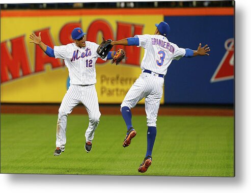 People Metal Print featuring the photograph Juan Lagares and Curtis Granderson by Jim Mcisaac