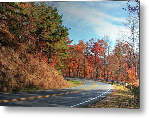 Fine Art; Fine Art Photography; North Carolina; Blue Ridge Parkway; Mountains; Country Road; Fall; Autumn; Fall Foliage; Scenic Drives; Colorful Landscapes; Leaf Peeping; Overlooks Hiking Trails; Wildlife Spotting; Crips Air; Harvest Festivals; Appalachain Culture; Camping Picnicking; Waterfalls; Mountain Biking; Roadside Markets. Metal Print featuring the photograph Just Around The Bend by Robert Harris