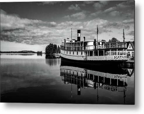 Katahdin Boat Reflection Black And White Metal Print featuring the photograph Katahdin Steamboat Reflection Black And White by Dan Sproul