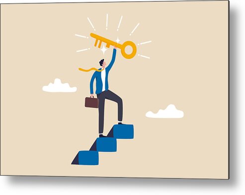 People Metal Print featuring the drawing Key to business success, stairway to find secret key or achieve career target concept, businessman winner walk up to top of stairway lifting golden success key to the sky. by Nuthawut Somsuk