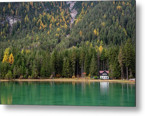 Italy Metal Print featuring the photograph House in the lake and forest. Lago di dobbiaco lake. Italian aps by Michalakis Ppalis