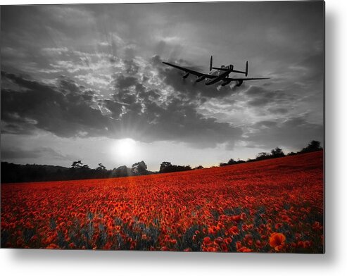 Lancaster Bomber Metal Print featuring the digital art Lancaster Bomber Sunset Return - Red by Airpower Art