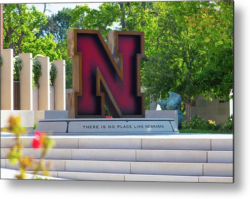 College Campus Tour Metal Print featuring the photograph Large Red N statue at the University of Nebraska by Eldon McGraw