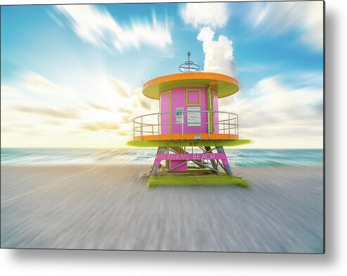 Beach Metal Print featuring the photograph Lifeguard hut on the beach in Miami Florida with motion blur effect by Maria Kray