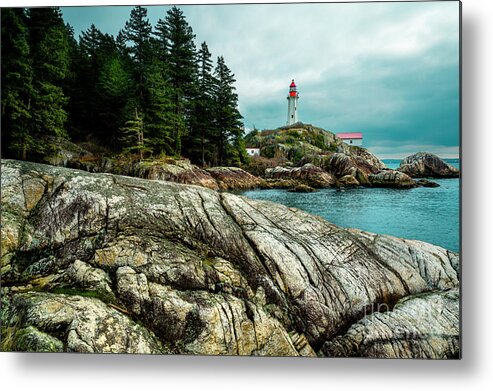 Blue Sky With Clouds Metal Print featuring the digital art Lighthouse on the rocks by Jose Rey