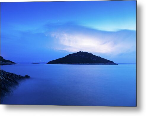 Losinj Metal Print featuring the photograph Lightning at dawn over Veli and Mali Osir islands on Losinj, Cro by Ian Middleton