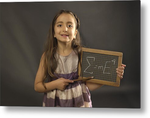 Holding Metal Print featuring the photograph Little girl holding small blackboard with formula by Jac Depczyk