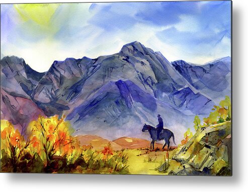 Eastern Sierra Metal Print featuring the painting Lone Horseman by Joan Chlarson