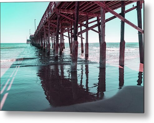 Silky Shadow Metal Print featuring the photograph Long Shadows in Mint Green and Pink - Californian Cool Under the Newport Beach Pier by Georgia Mizuleva