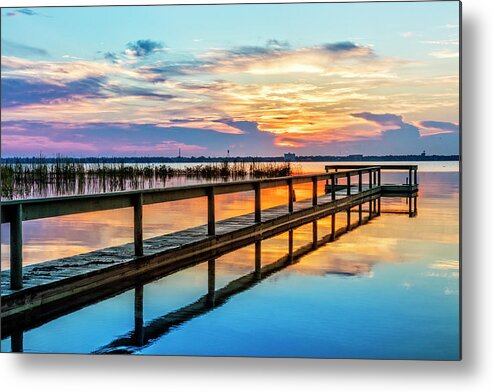 Clouds Metal Print featuring the photograph Long Wooden Dock by Debra and Dave Vanderlaan