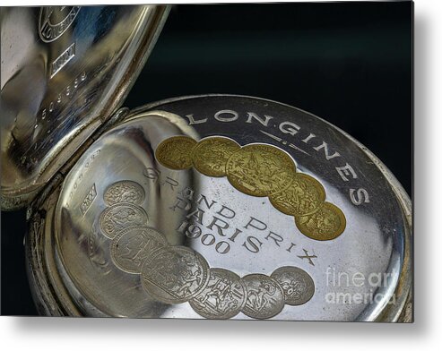 Accuracy Metal Print featuring the photograph Longines classic mechanical watch engraving. Macro by Pablo Avanzini