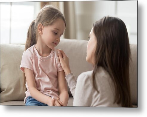 Problems Metal Print featuring the photograph Loving mom talking to upset little child girl giving support by Fizkes