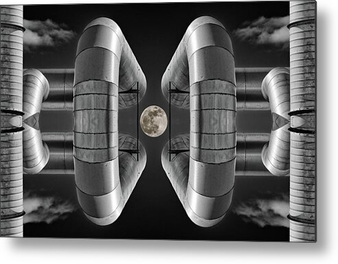 Lunar Metal Print featuring the photograph Lunaroyal - mirrored Uniroyal Building Industrial ductting with full moon - wide version by Peter Herman