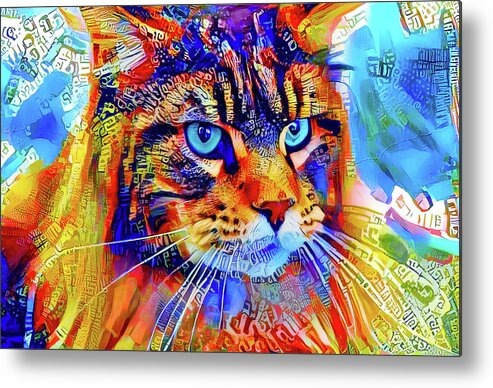 Maine Coon Metal Print featuring the digital art Maine Coon cat watching something - colorful digital art by Nicko Prints