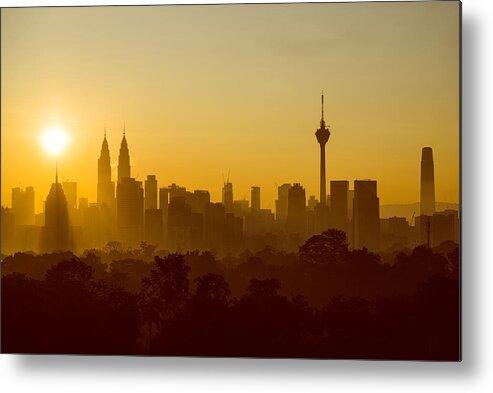 Corporate Business Metal Print featuring the photograph Majestic sunrise view over downtown Kuala Lumpur. by Shaifulzamri