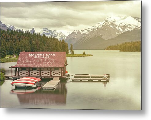 Canadian Rockies Metal Print featuring the photograph Maligne Lake Boathouse by Jonathan Nguyen