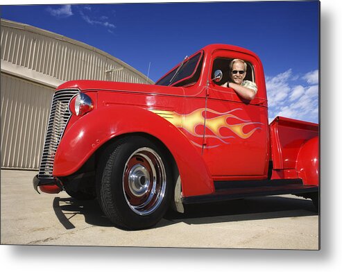 People Metal Print featuring the photograph Man in vintage truck by Jupiterimages