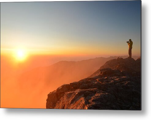 Bulgaria Metal Print featuring the photograph Man standing on top of a mountain at sunrise by Maya Karkalicheva