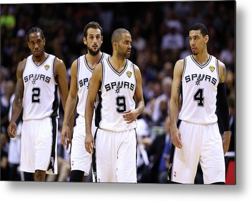 Following Metal Print featuring the photograph Marco Belinelli, Kawhi Leonard, and Danny Green by Andy Lyons