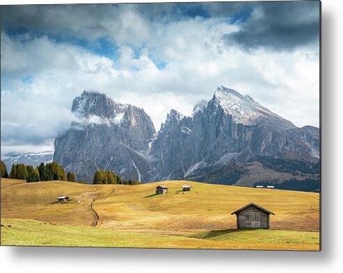 Mountain Landscape Metal Print featuring the photograph Meadow field and the Dolomiti rocky peaks Alpe di siusi Seiser Alm Italy by Michalakis Ppalis