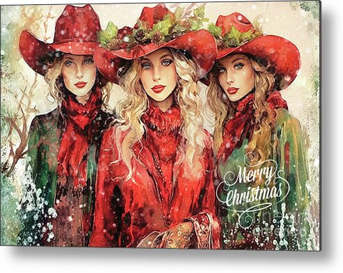 Merry Christmas Metal Print featuring the painting Merry Christmas Cowgirls by Tina LeCour