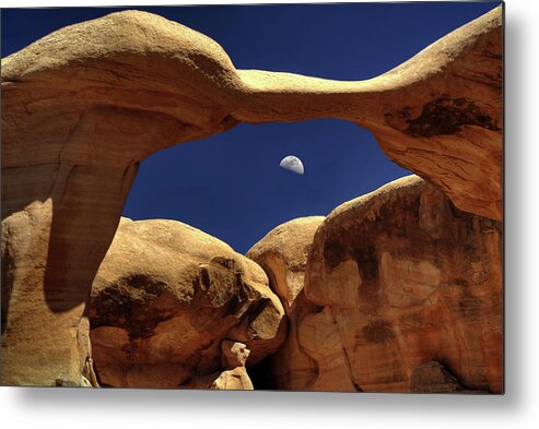 Metate Arch Metal Print featuring the photograph Metate Moonrise - First quarter moon with Metate arch in Devils Garden - Escalante Utah by Peter Herman