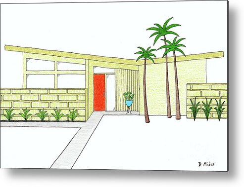 Mid Century Modern House Metal Print featuring the drawing Mid Century House with Butterfly Roof by Donna Mibus