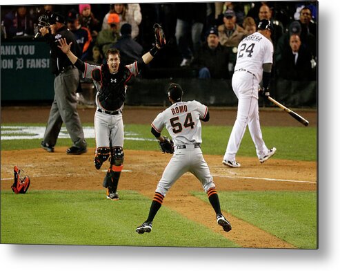 American League Baseball Metal Print featuring the photograph Miguel Cabrera, Sergio Romo, and Buster Posey by Leon Halip